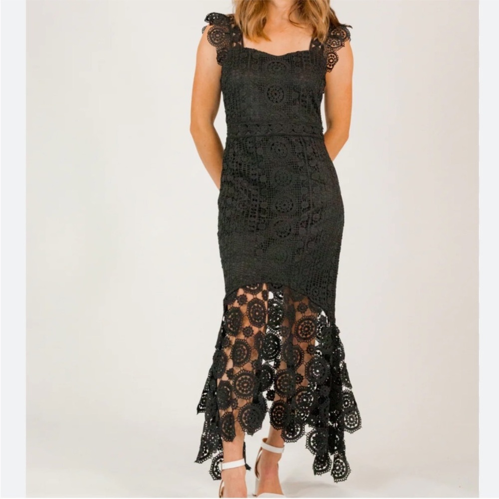 Lena metedith lace Maxi dress black eyelet peasant L NWT